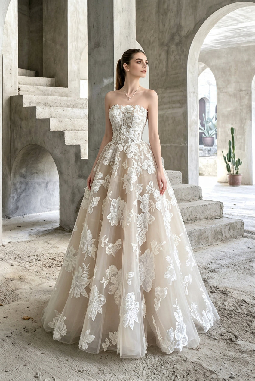 Woman wearing a strapless floral applique A-line bridal gown by AliExpress in a concrete setting.