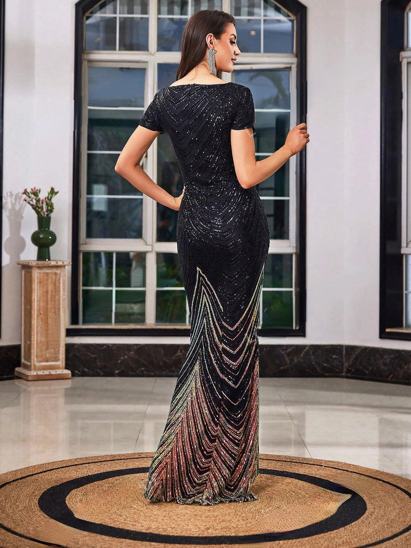 Black Sequin Gown with Plunging V-Neckline