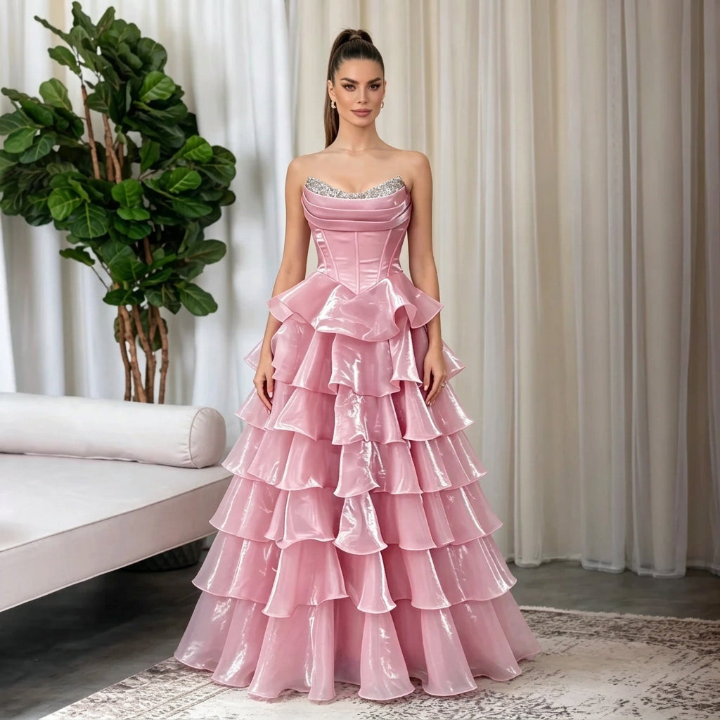 Pink Strapless Ruffle Gown with Sweetheart Neckline