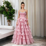 Pink Strapless Ruffle Gown with Sweetheart Neckline