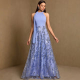 Shimmering Blue Sequined Fit-and-Flare Evening Gown