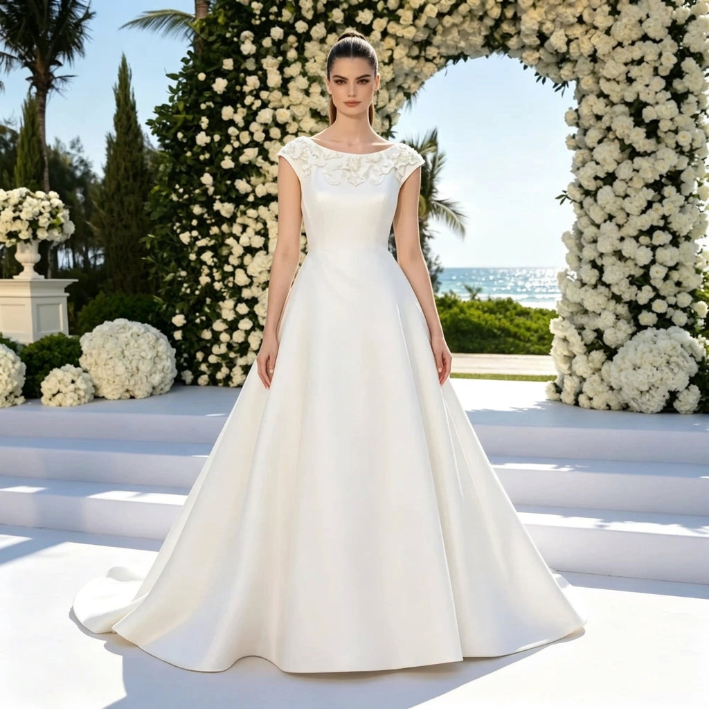 Cap-Sleeve Satin A-Line Bridal Gown with Beaded Appliqués and Sweeping Train