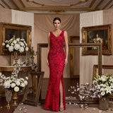 Sequined V-Neck Mermaid Evening Gown with Slit
