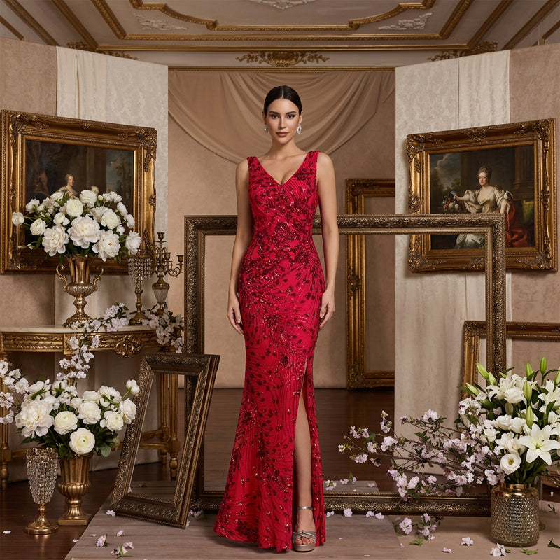 Model in Dream Designs Boutique red sequined V-neck mermaid evening gown with a high slit.
