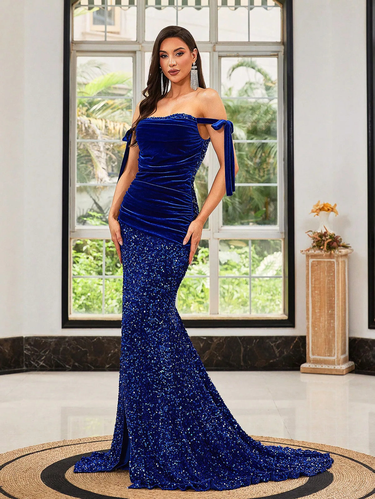 Blue Sequin Sheath Gown with Evening Split