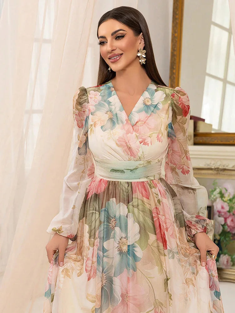 Pastel Floral V-Neck Maxi Dress with Lantern Sleeves