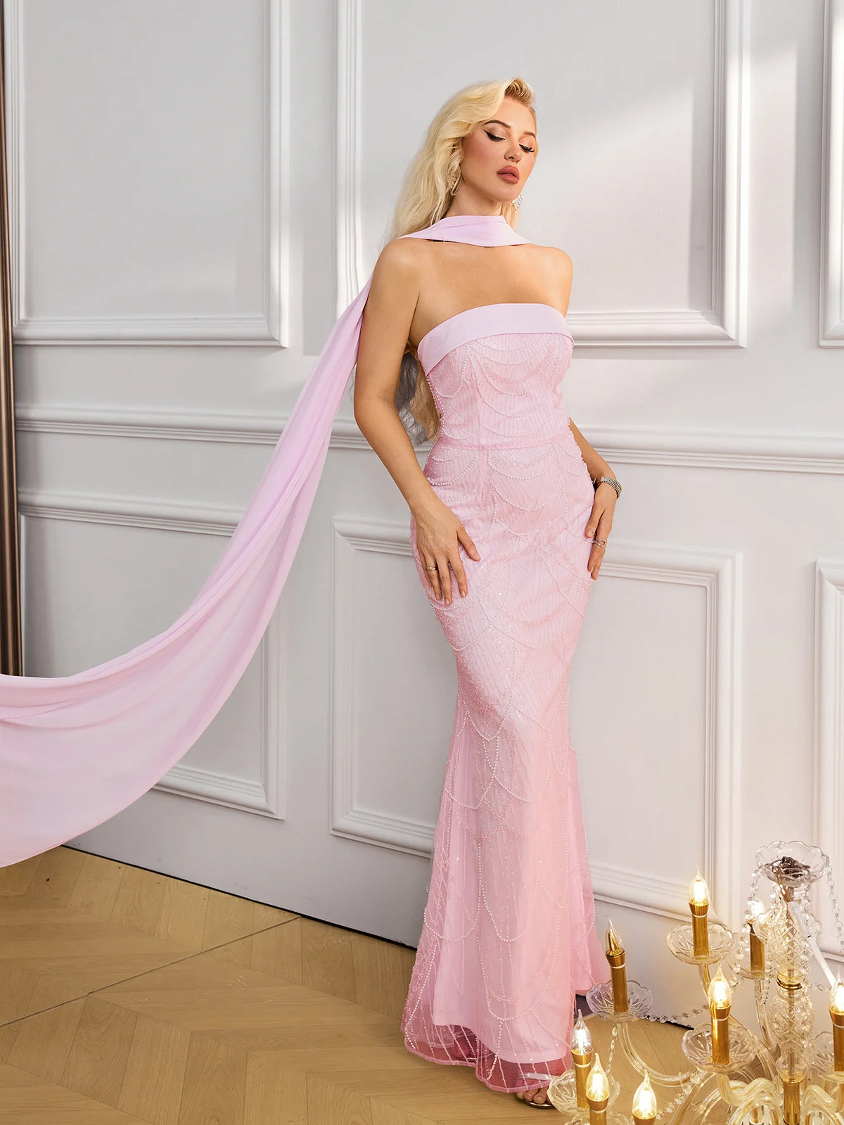 Strapless Scalloped-Detail Mermaid Evening Gown