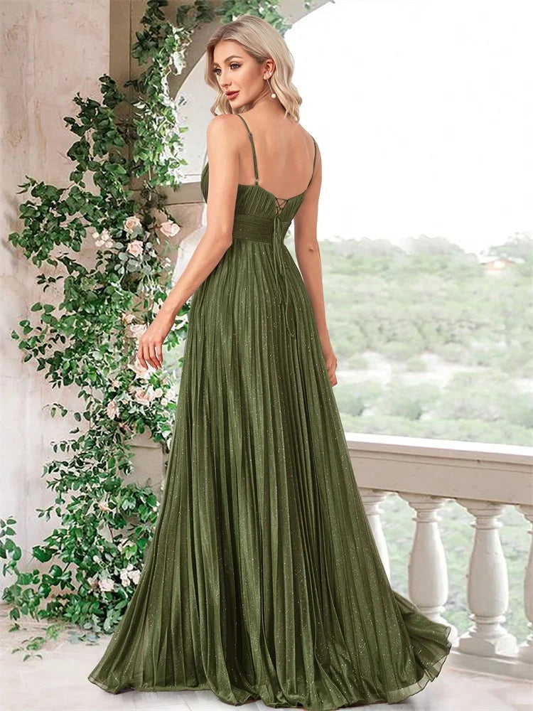 Dream Designs Boutique elegant deep V-neck olive green chiffon A-line evening gown