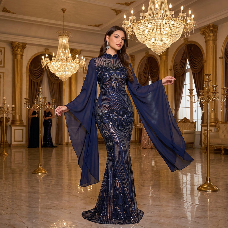 Blue Sequin Mermaid Gown with Flared Sleeves
