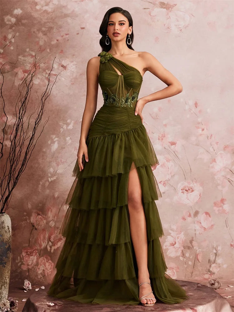 Dream Designs Boutique luxury asymmetric applique tulle evening gown in olive green
