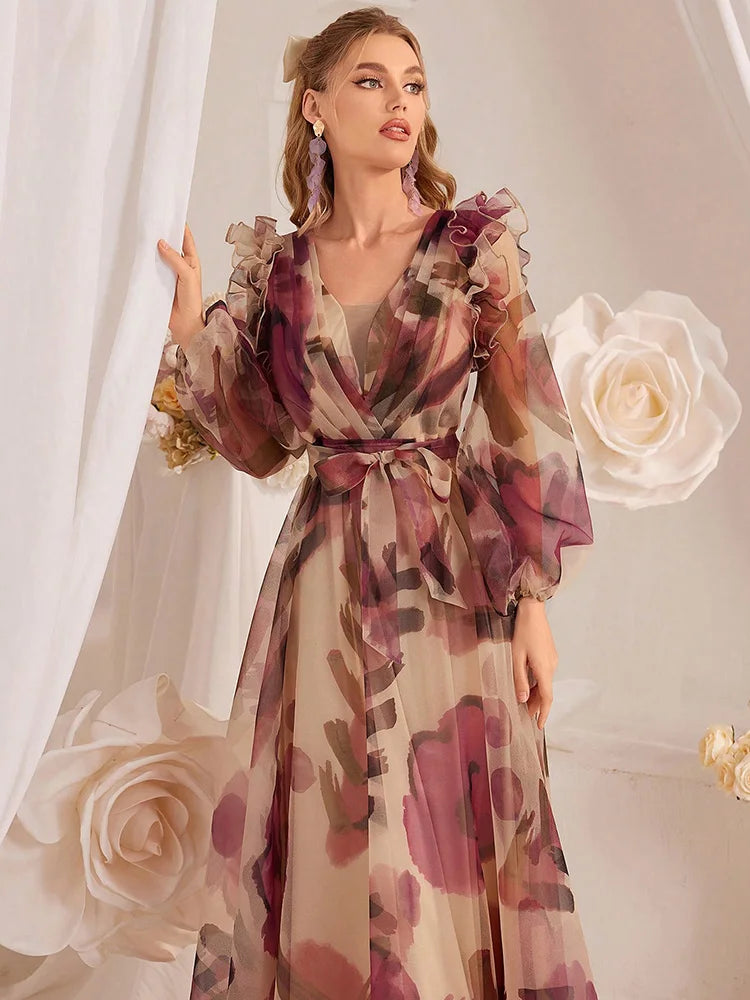 Painterly Floral Maxi Dress with Lantern Sleeves