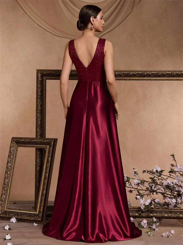 Sequin Bodice Evening Gown with Deep V-Neck and Sweeping A-Line Skirt
