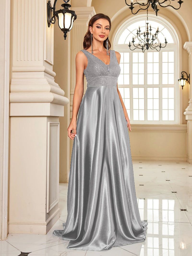 Sequin Bodice Evening Gown with Deep V-Neck and Sweeping A-Line Skirt