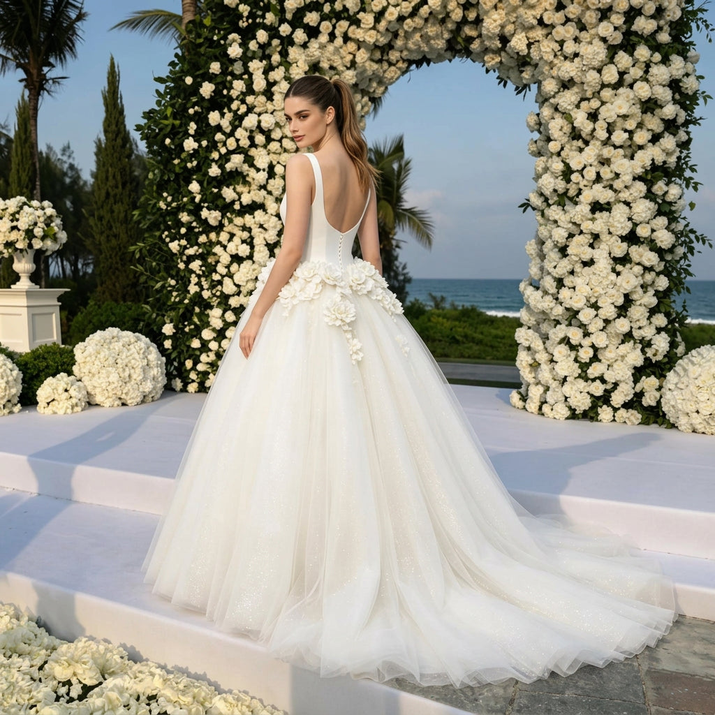 Floral Satin A-Line Bridal Gown with Three-Dimensional Flower Detailing and Sweeping Train