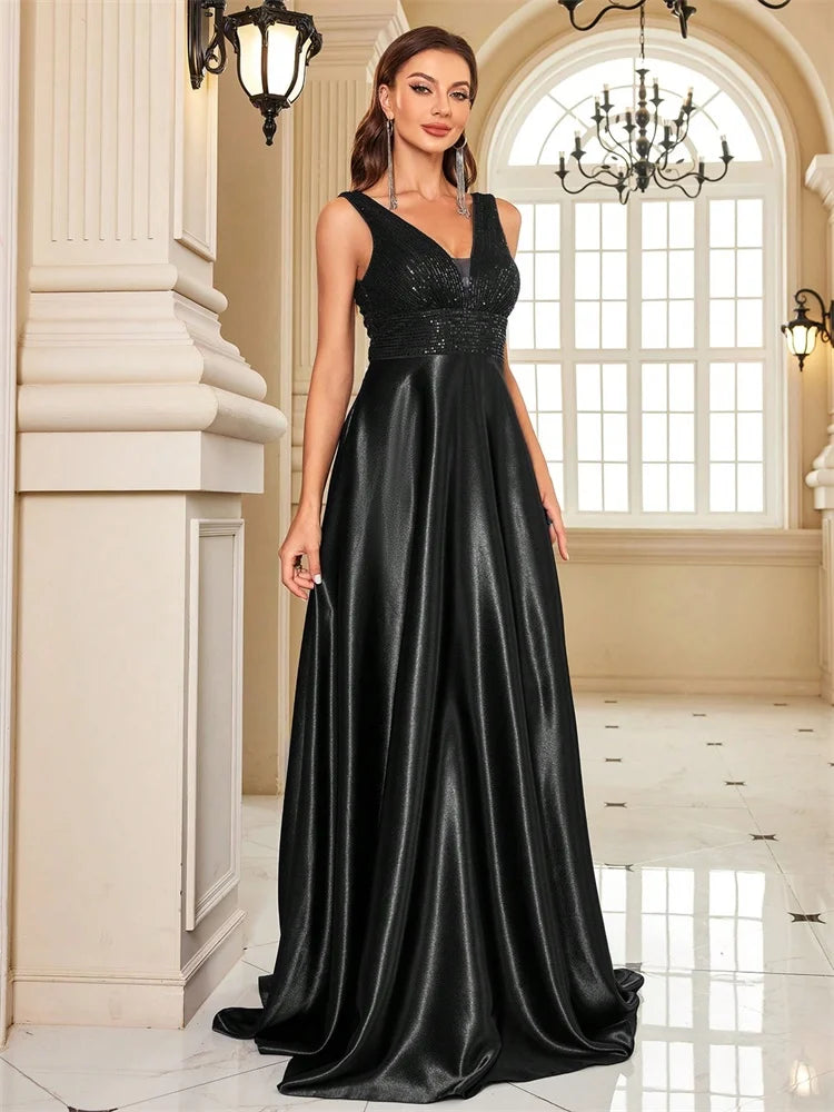 Sequin Bodice Evening Gown with Deep V-Neck and Sweeping A-Line Skirt