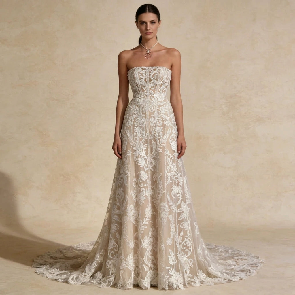 Embellished Lace Bridal Gown with Lace-Up Back and Elegant Court Train