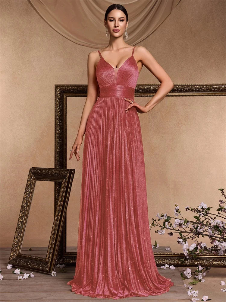 Dream Designs Boutique elegant deep V-neck pink chiffon A-line evening gown