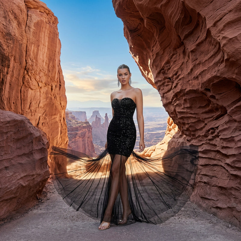 Black Strapless Dress with Sequin Embellishment