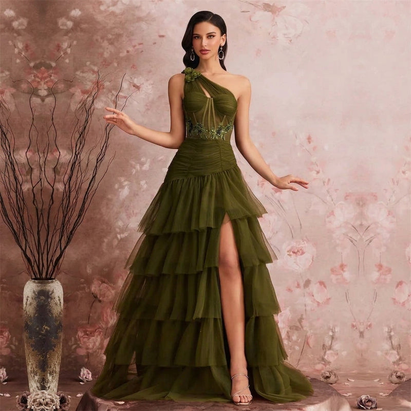 Dream Designs Boutique luxury asymmetric applique tulle evening gown in olive green.