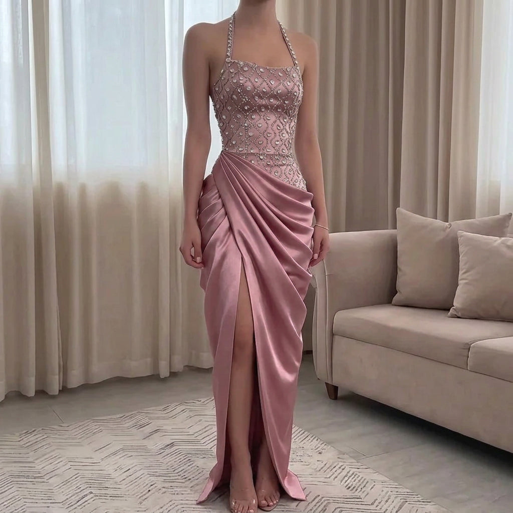 Rhinestone-Embellished Halter Satin Mermaid Gown with Draped Skirt and High Split