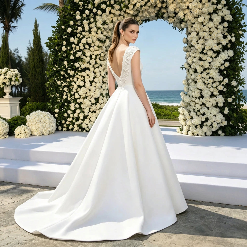 Cap-Sleeve Satin A-Line Bridal Gown with Beaded Appliqués and Sweeping Train
