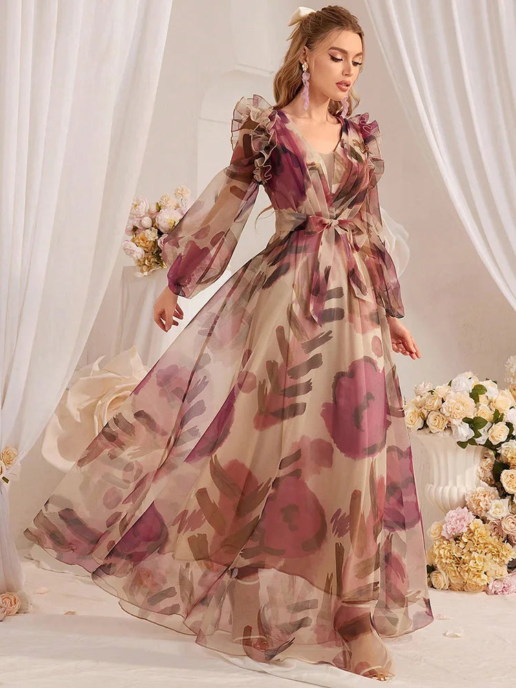 Painterly Floral Maxi Dress with Lantern Sleeves