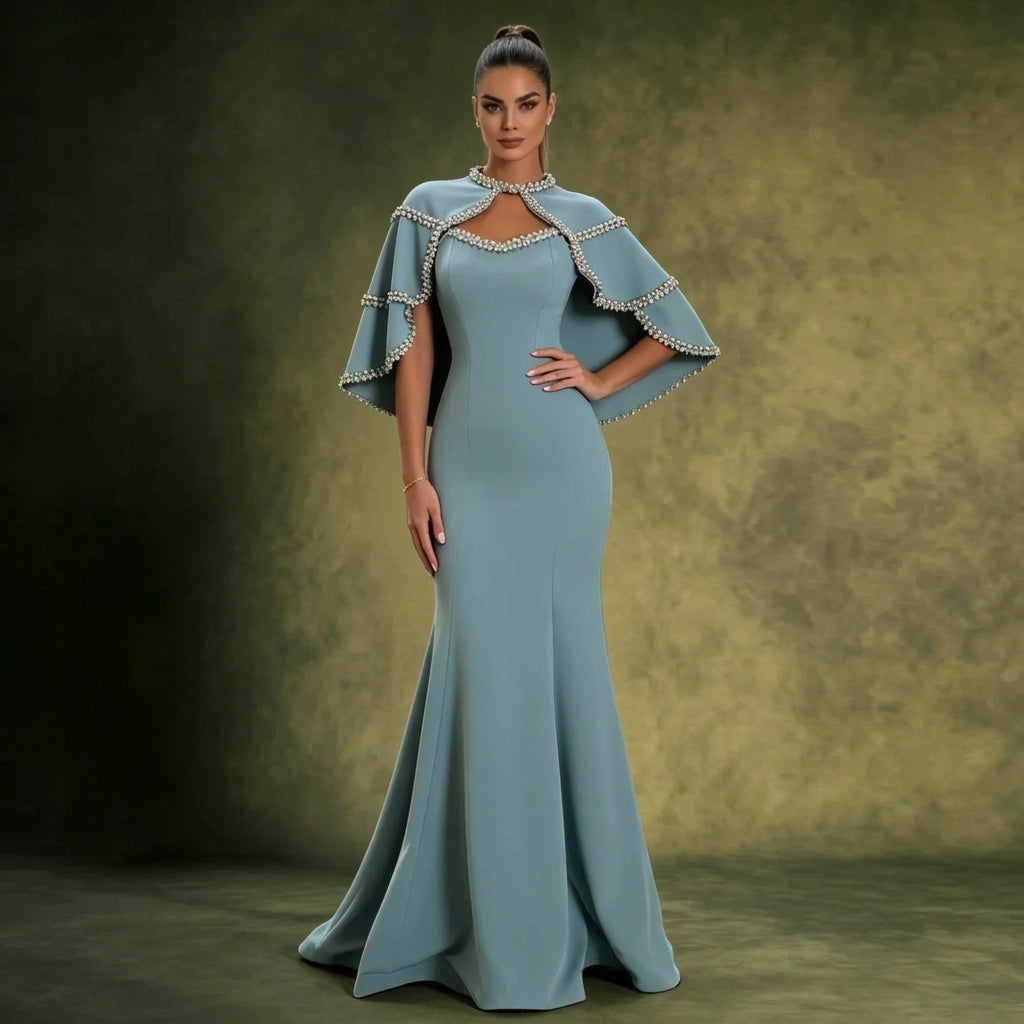 Dusty Blue Mermaid Gown with Crystal-Trimmed Cape