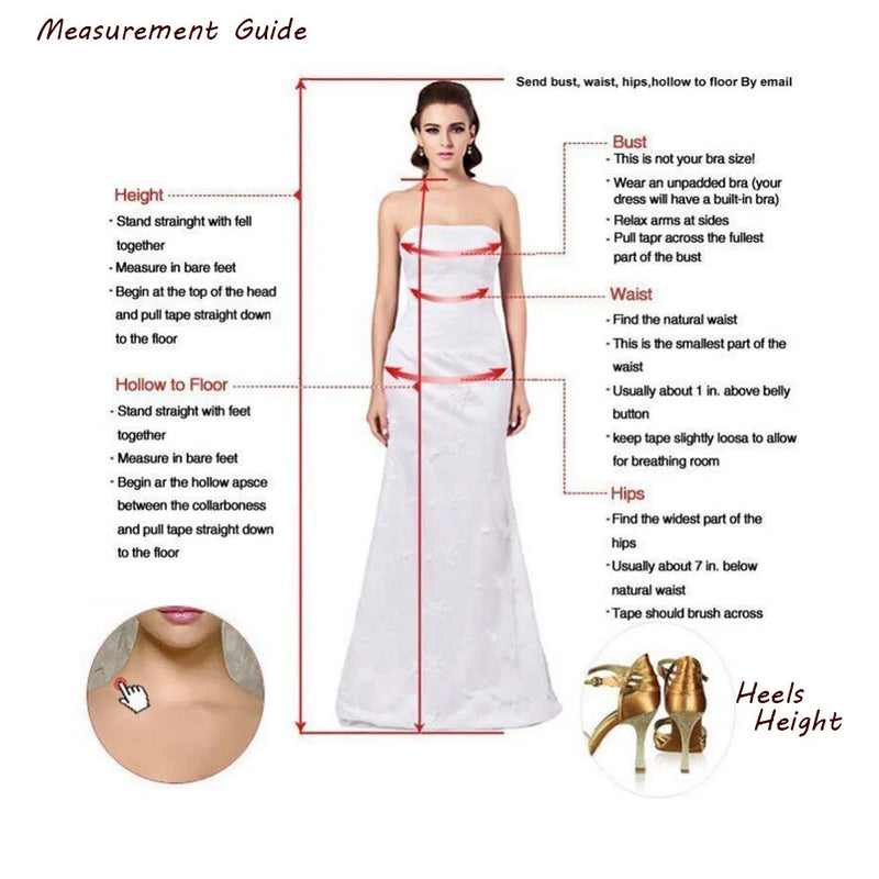 Measurement guide for a strapless bridal gown from AliExpress showing bust, waist, and hip lines.