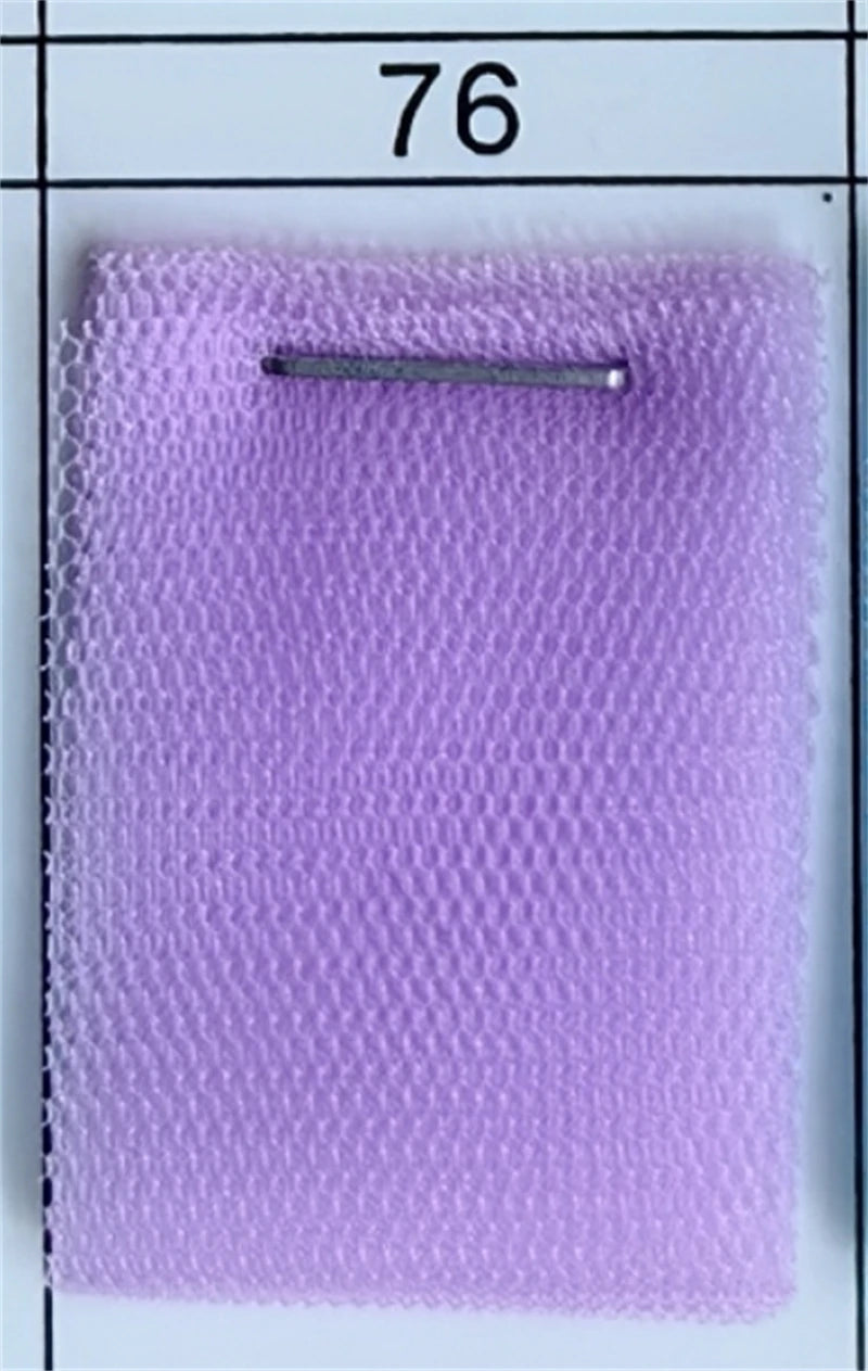 Close-up of a purple mesh fabric swatch from AliExpress labeled 76