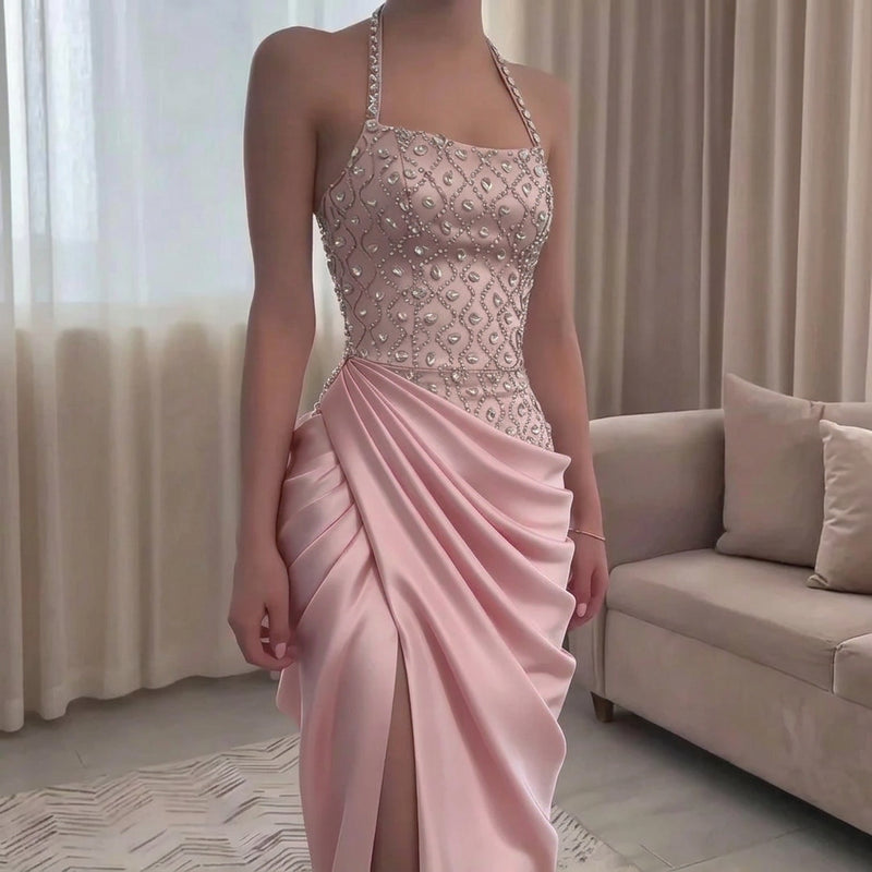 Rhinestone-Embellished Halter Satin Mermaid Gown with Draped Skirt and High Split