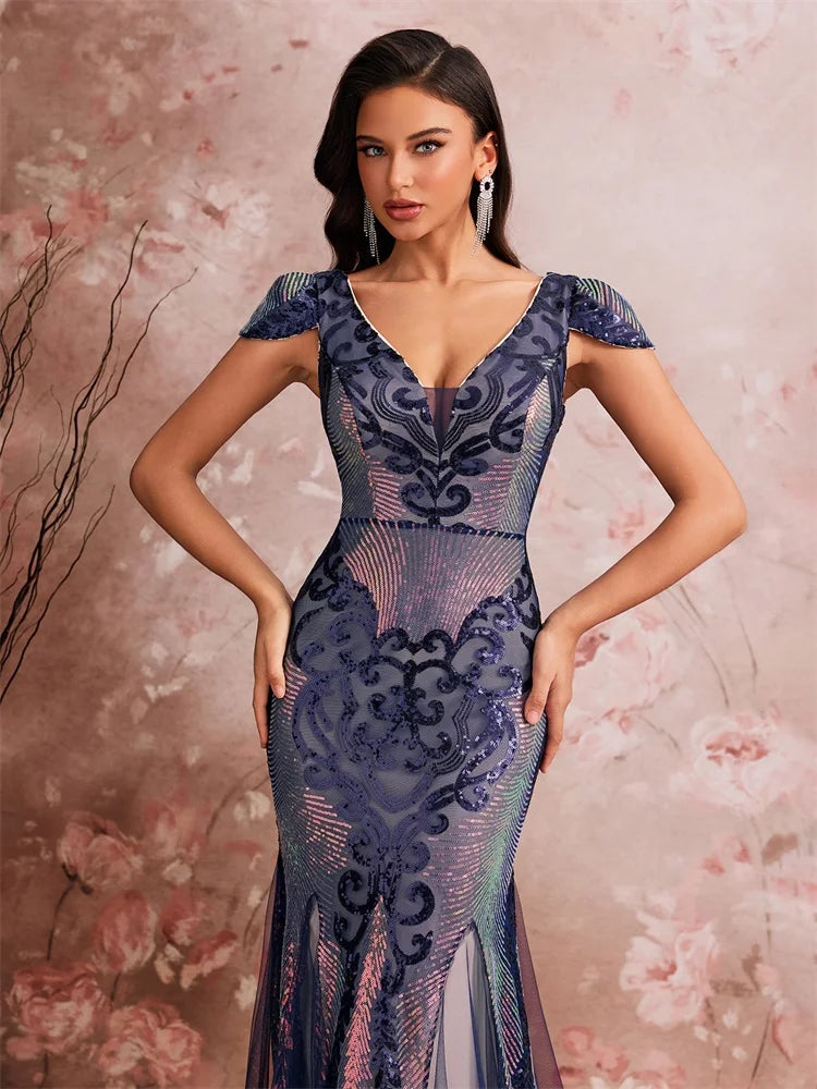 Art Deco-Inspired Sequin Gown with V-Neck and Cap Sleeves