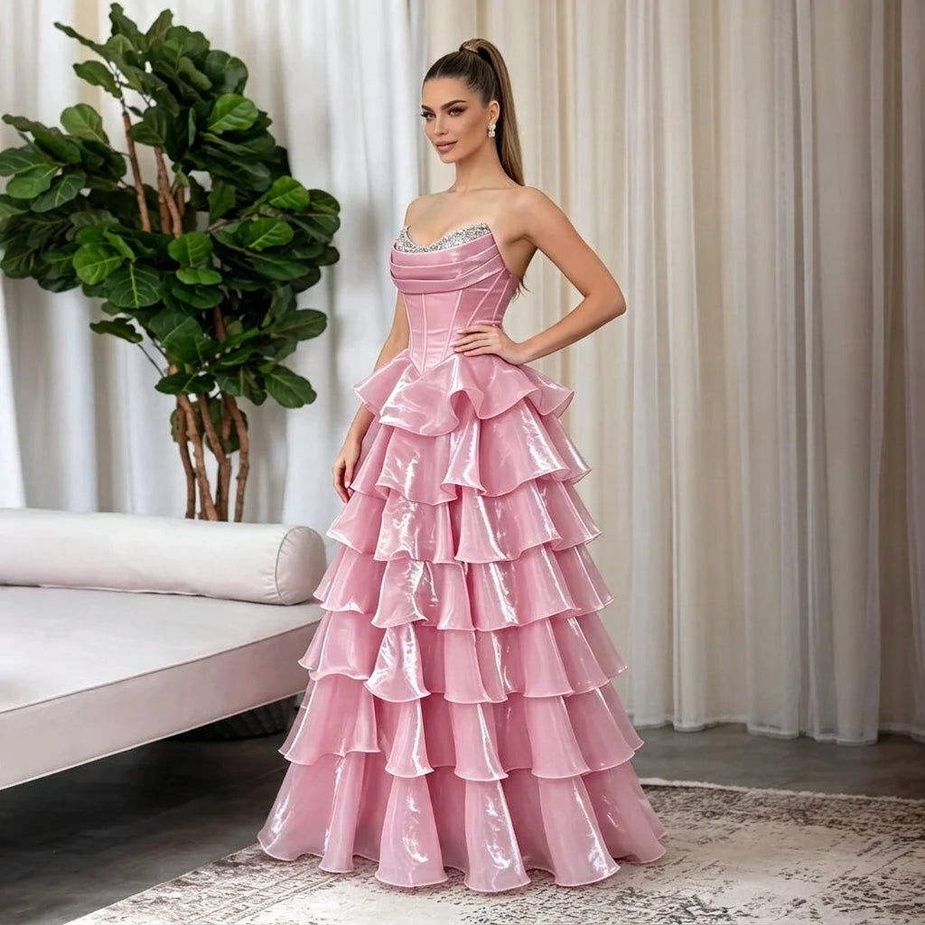Pink Strapless Ruffle Gown with Sweetheart Neckline
