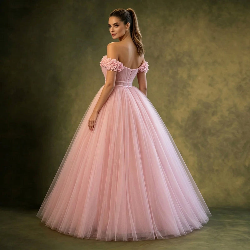 Off the Shoulder Floral Appliqué Tulle Gown