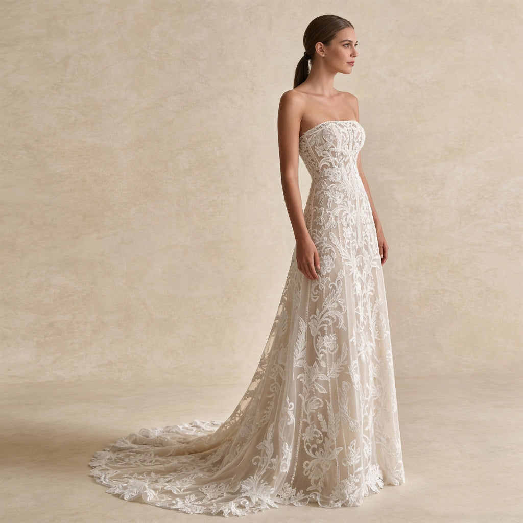 Embellished Lace Bridal Gown with Lace-Up Back and Elegant Court Train