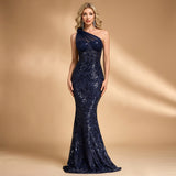 Navy Sequin Mermaid Gown with Asymmetric Neckline