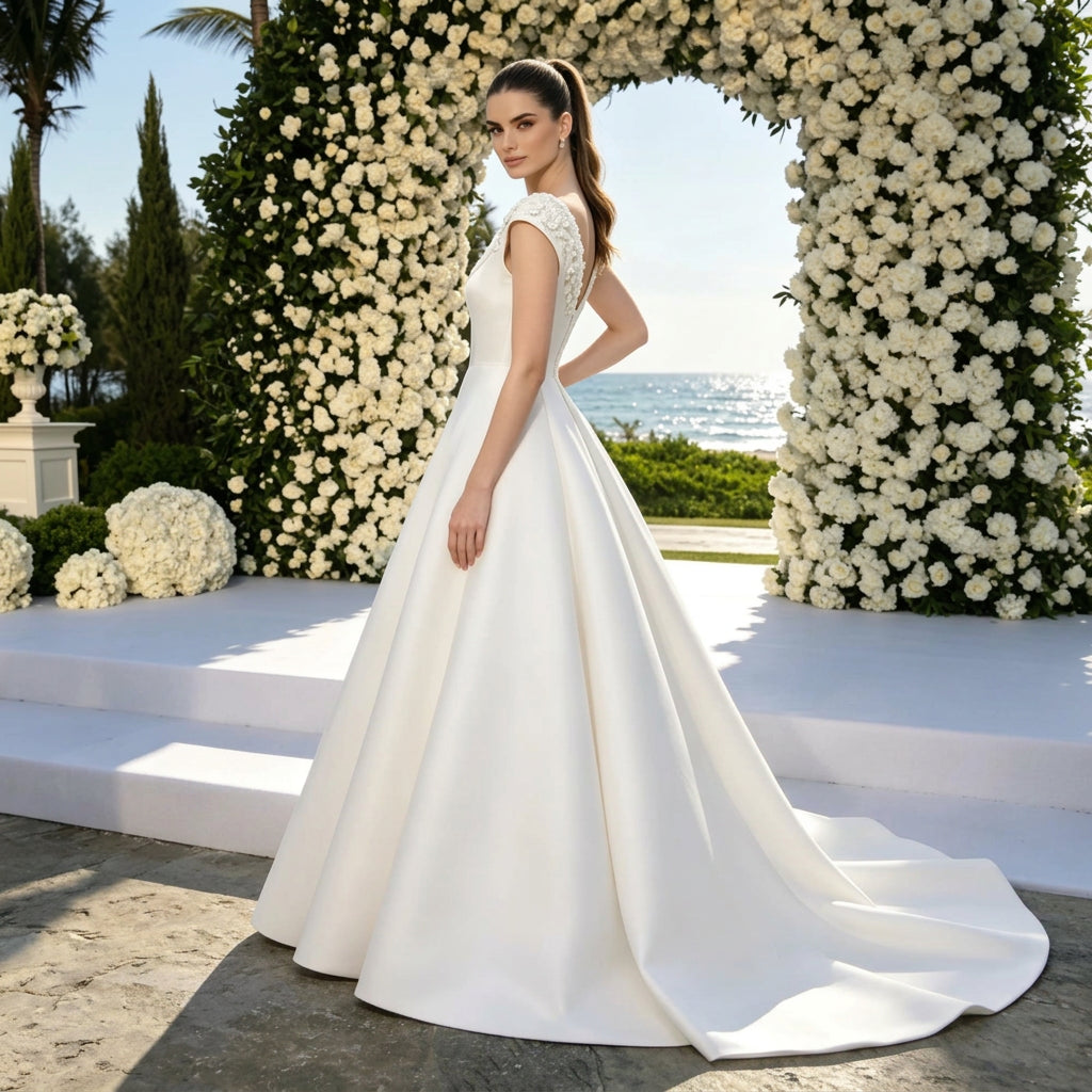 Cap-Sleeve Satin A-Line Bridal Gown with Beaded Appliqués and Sweeping Train