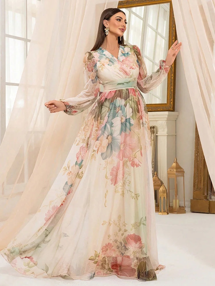 Pastel Floral V-Neck Maxi Dress with Lantern Sleeves