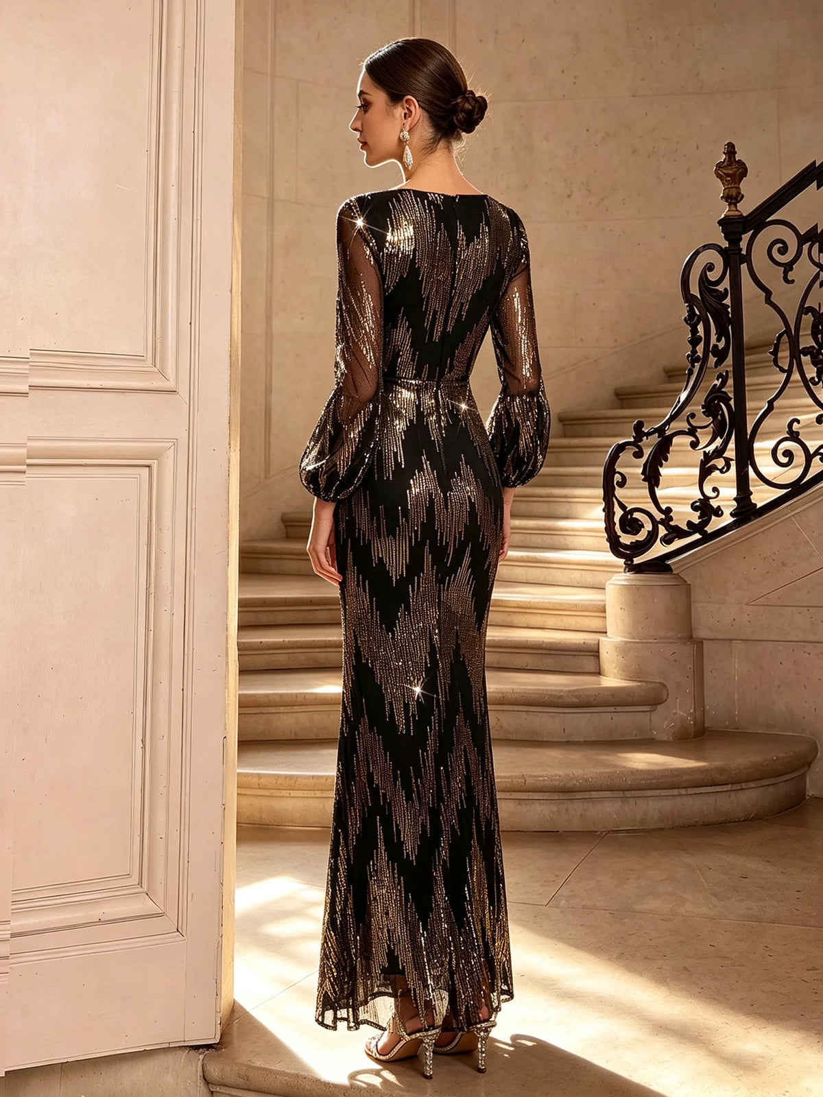 V-Neck Long Sleeve Sequin Mermaid Evening Gown