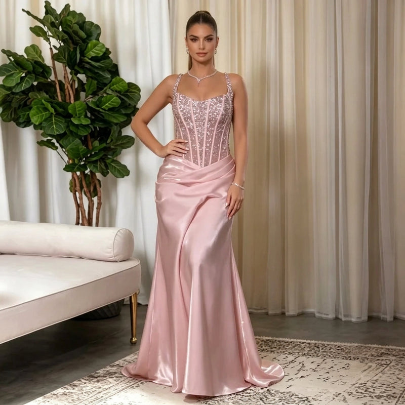Woman in a pink spaghetti strap corset satin evening gown from AliExpress