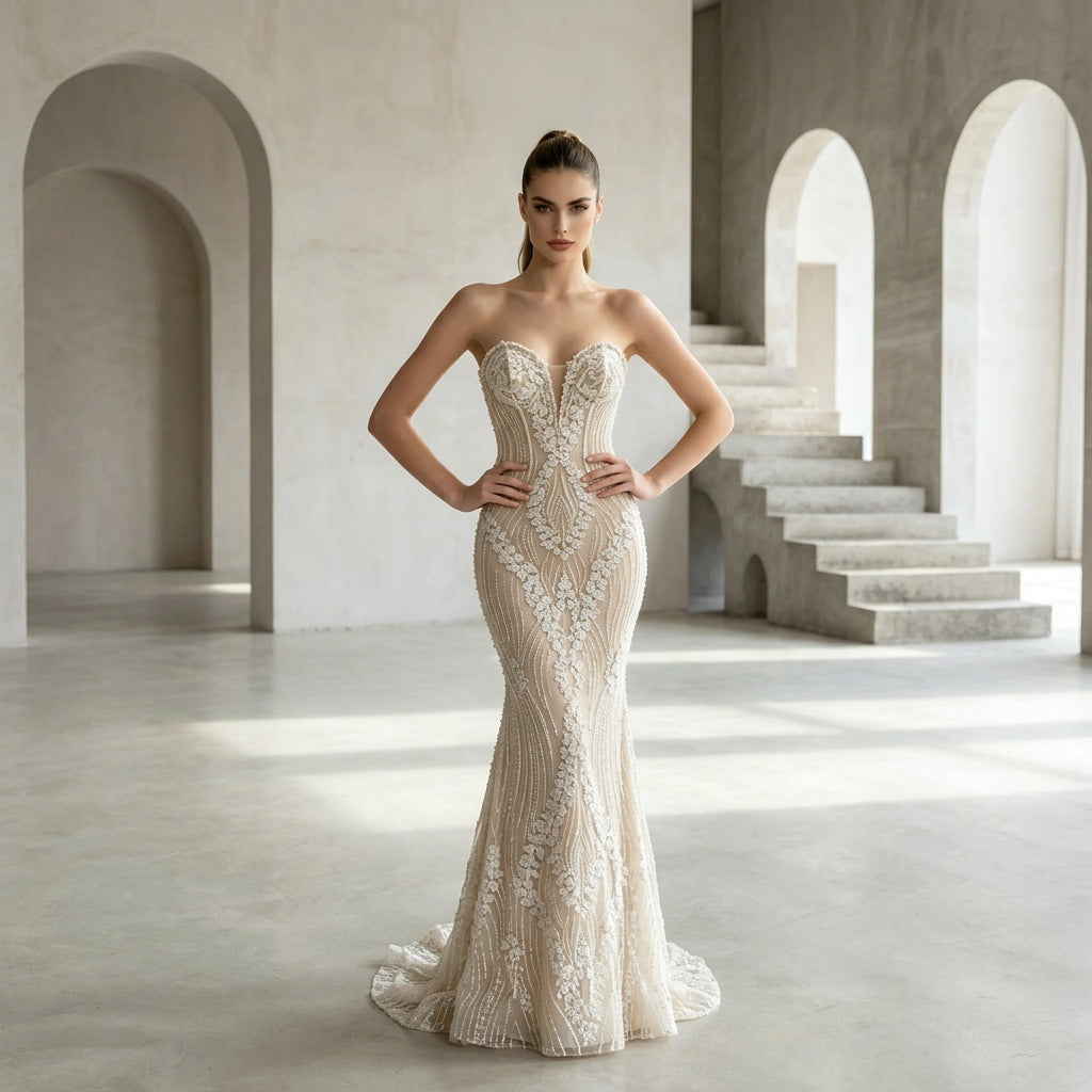Strapless Lace Bridal Gown with Corset-Inspired Lace-Up Back and Sweeping Train