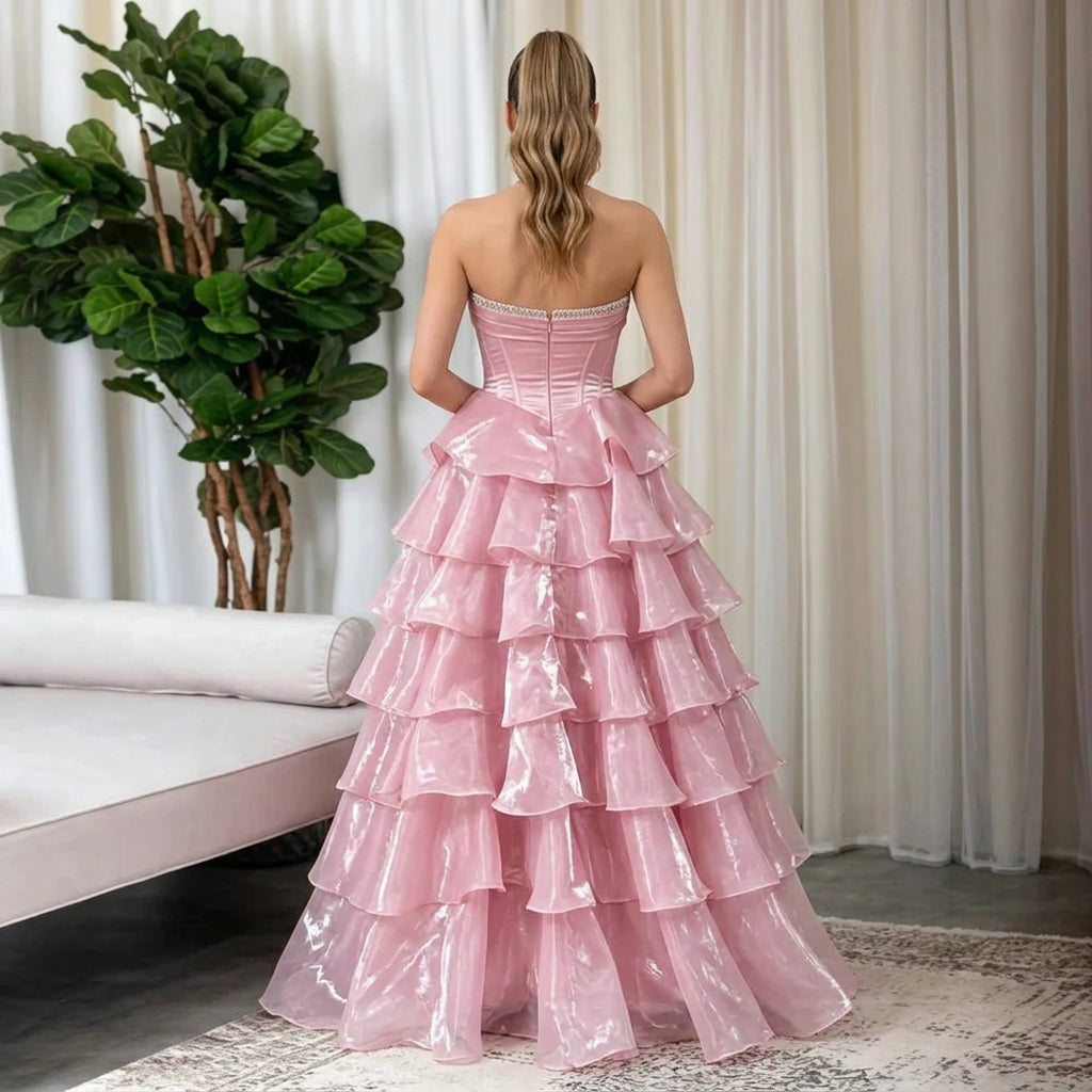 Pink Strapless Ruffle Gown with Sweetheart Neckline