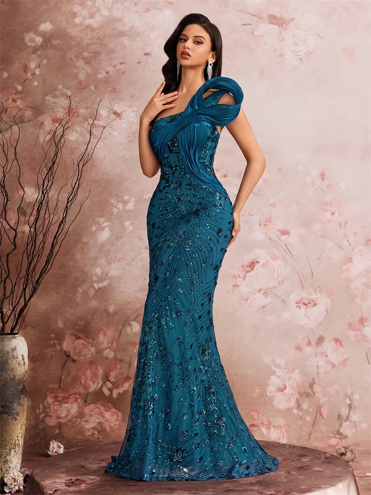 Sculptural Shoulder Sequin Mermaid Gown