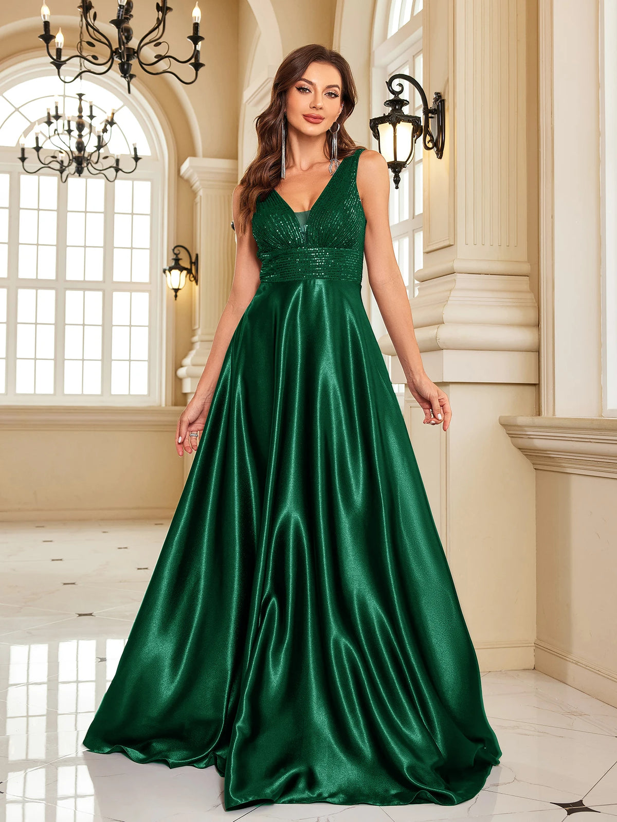 Sequin Bodice Evening Gown with Deep V-Neck and Sweeping A-Line Skirt
