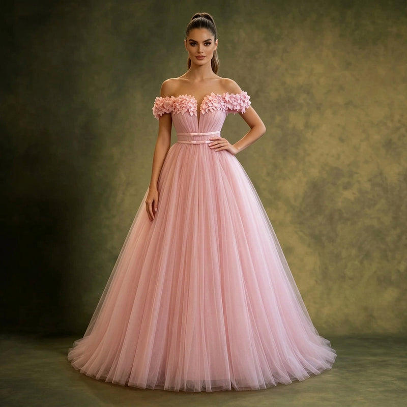 Off the Shoulder Floral Appliqué Tulle Gown