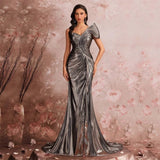 Metallic One Shoulder Mermaid Gown with Sculptural Pleating