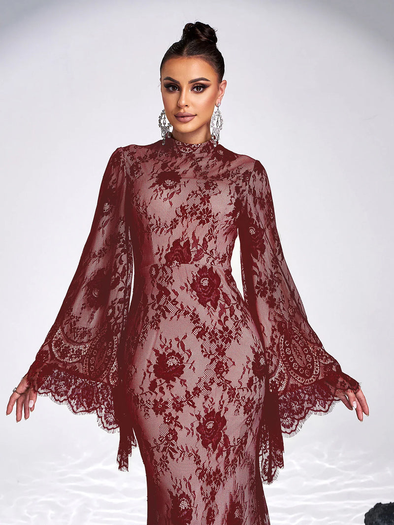 Floral Lace Evening Gown with Scalloped Flared Sleeves