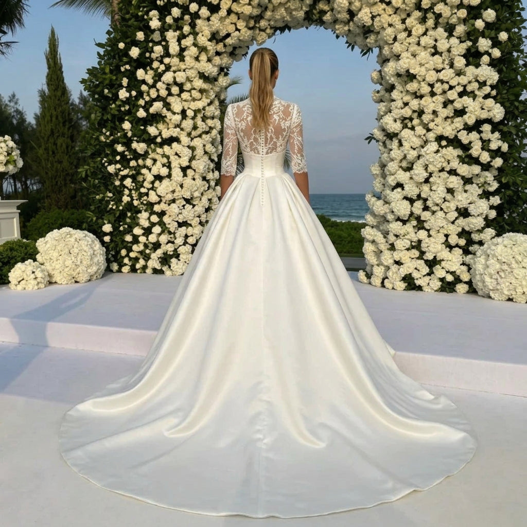 High-Neck Lace and Satin A-Line Bridal Gown with Half Sleeves and Sweeping Train