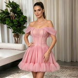 Off the Shoulder Corset-Style Mini Dress with Ruffled Skirt