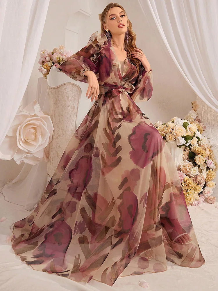 Painterly Floral Maxi Dress with Lantern Sleeves