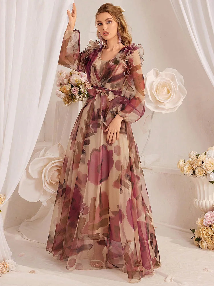 Painterly Floral Maxi Dress with Lantern Sleeves